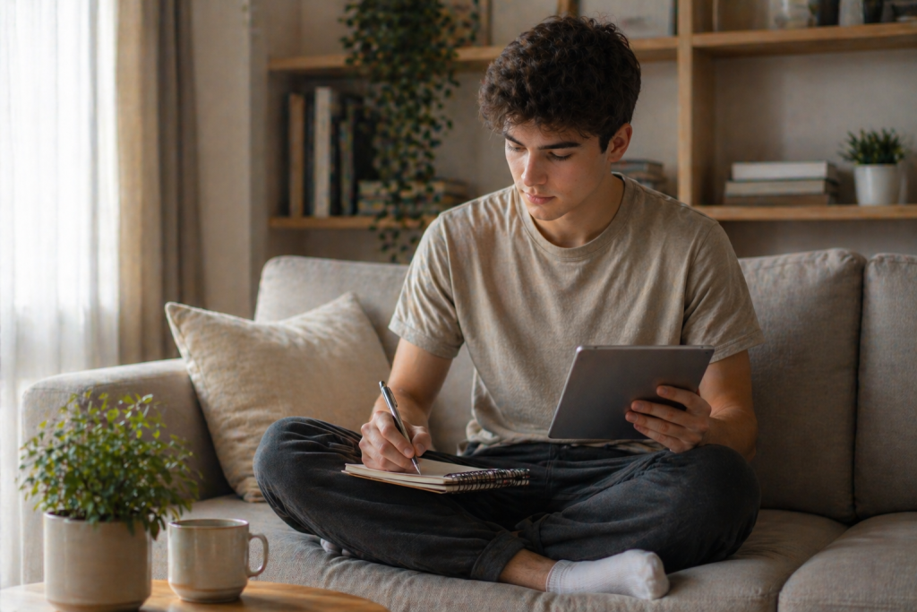 Affiliate marketing for beginners research session with tablet and notebook on a cozy sofa