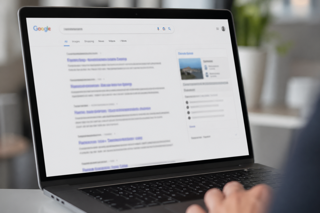 A laptop showing Google search results representing how Google and Meta Ads reach users