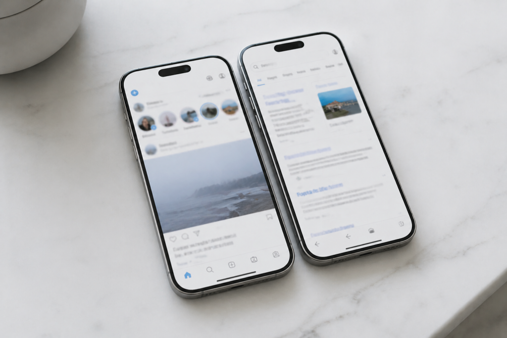 Two smartphones side by side representing Google and Meta Ads platforms compared