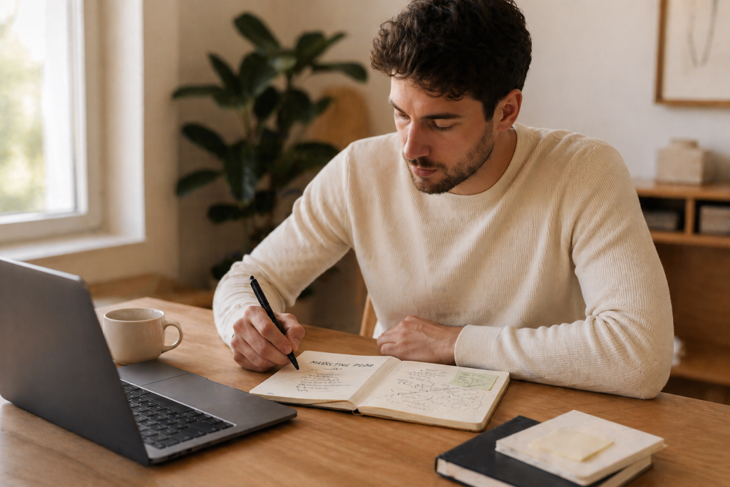 A marketer planning a Google and Meta Ads strategy at a clean professional workspace