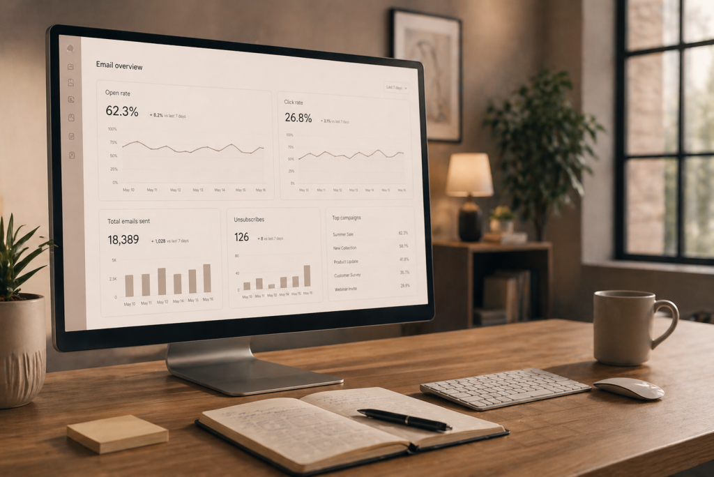 An email marketing analytics dashboard showing open rates and campaign results on a monitor