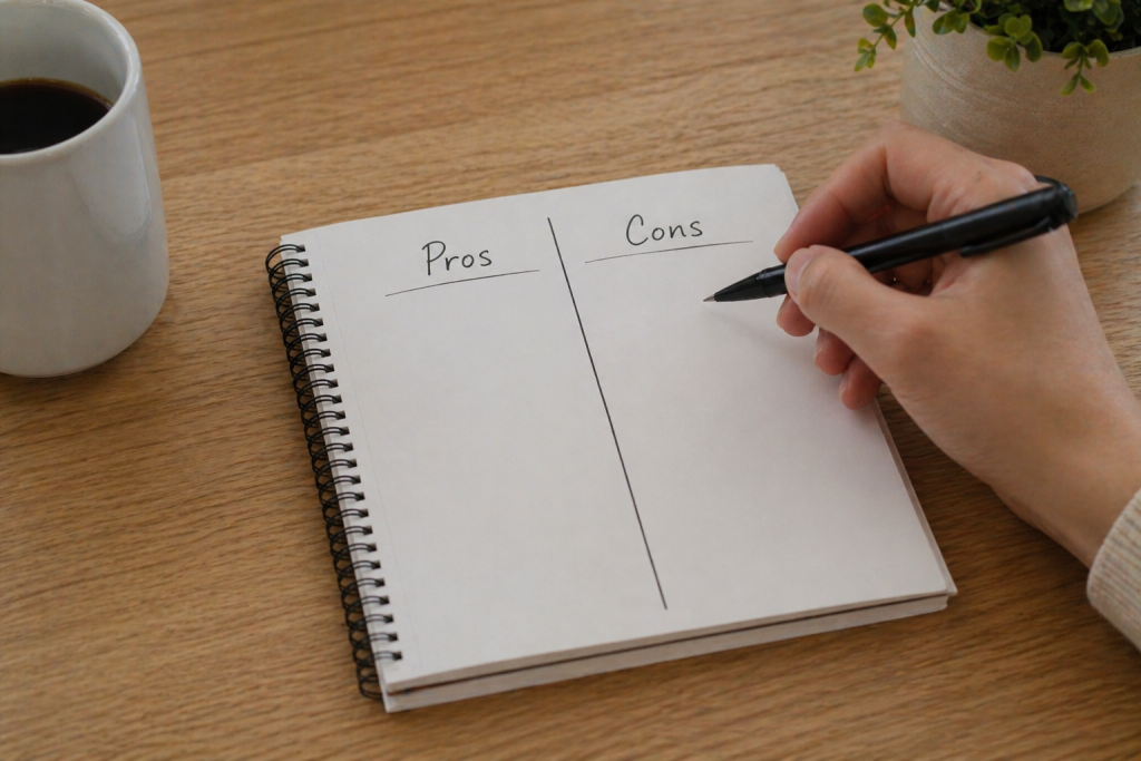 Notepad showing pros and cons list for affiliate marketing for beginners strategy planning