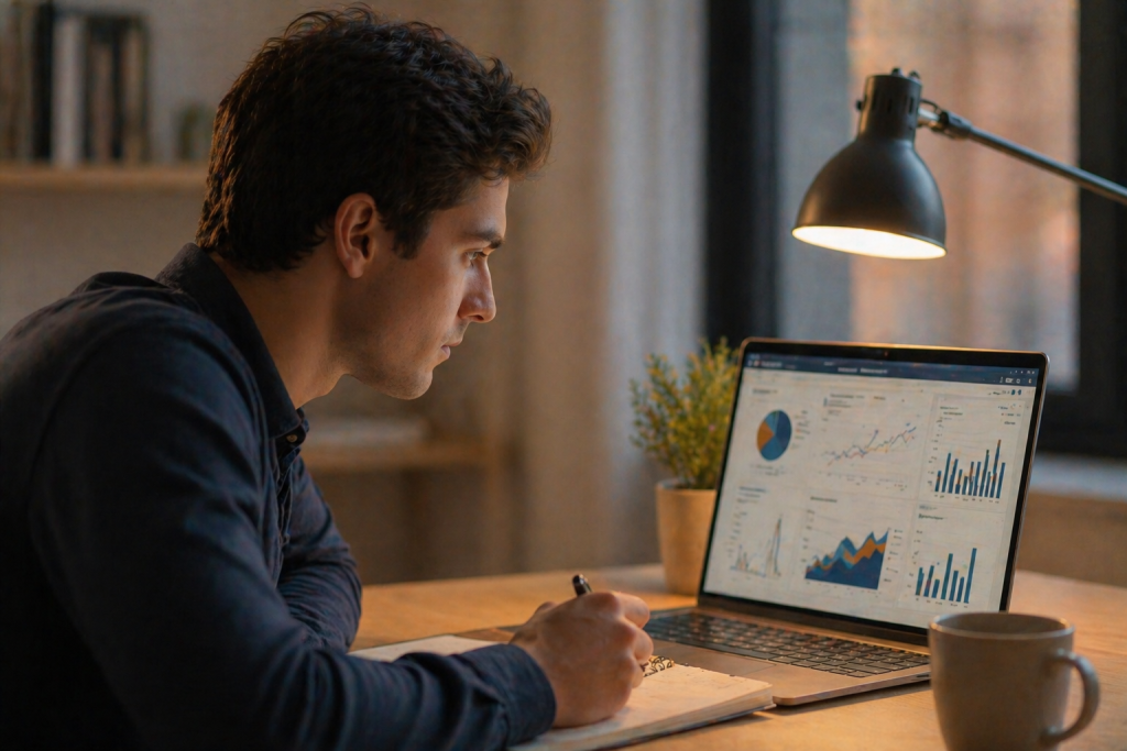 Beginner reviewing results of their affiliate marketing for beginners strategy on a laptop dashboard