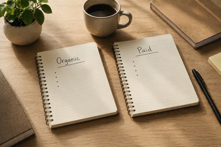 A comparison of search engine optimization and paid advertising strategies laid out on a desk