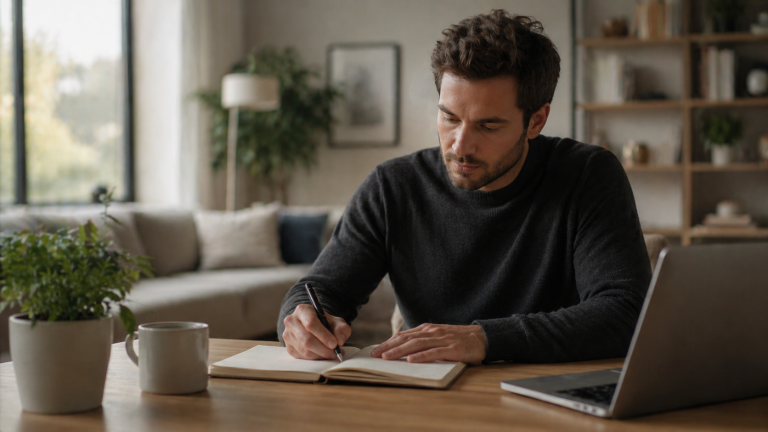 Affiliate marketing for beginners setup with laptop and notebook on a minimal desk