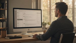 A professional working on an email marketing campaign on a laptop in a calm, well-lit office setting