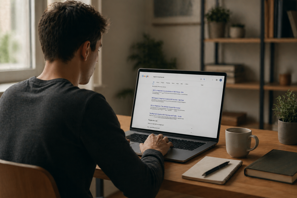 A beginner learning search engine optimization on a laptop at a bright workspace
