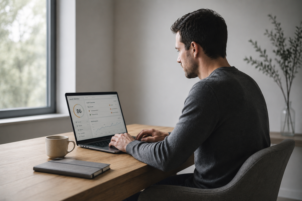 A person reviewing a technical SEO audit on their laptop at a quiet desk