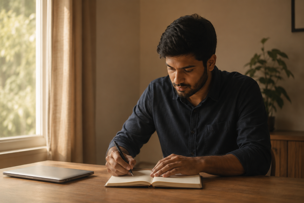 A young person planning to start a blog in India by writing in a notebook
