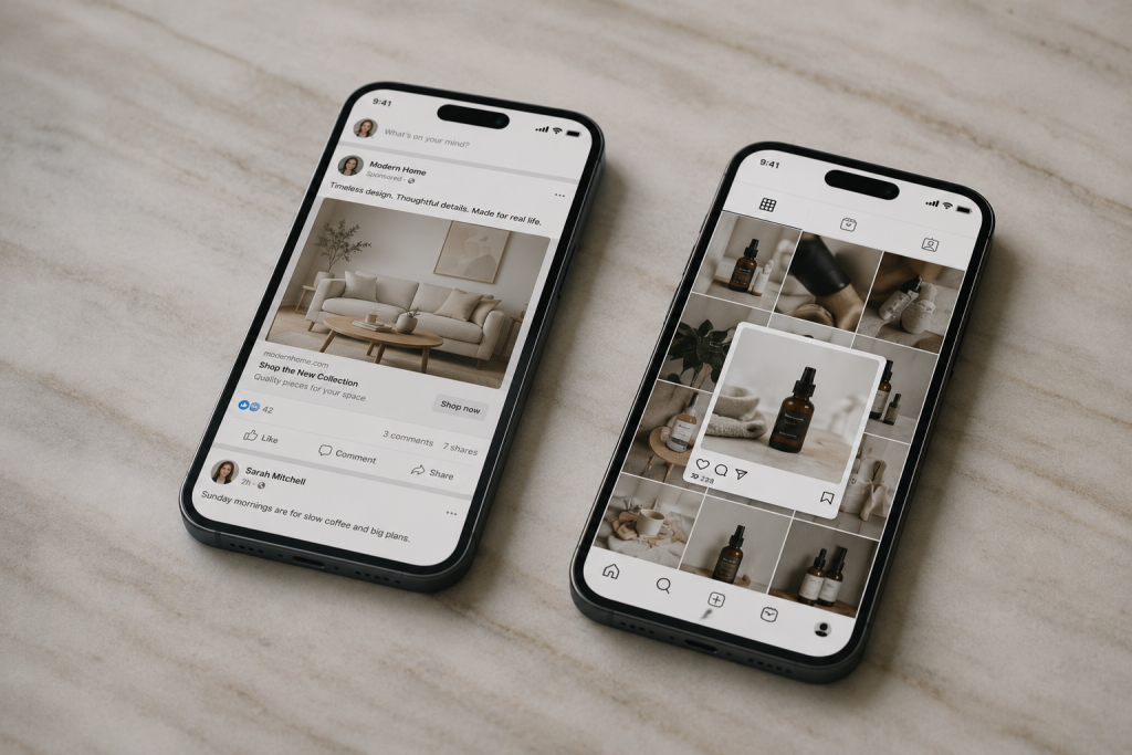 Two smartphones showing Facebook Ads vs Instagram Ads feed formats side by side on a clean surface