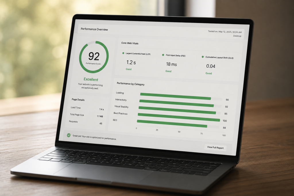 A laptop screen displaying a technical SEO site speed performance report