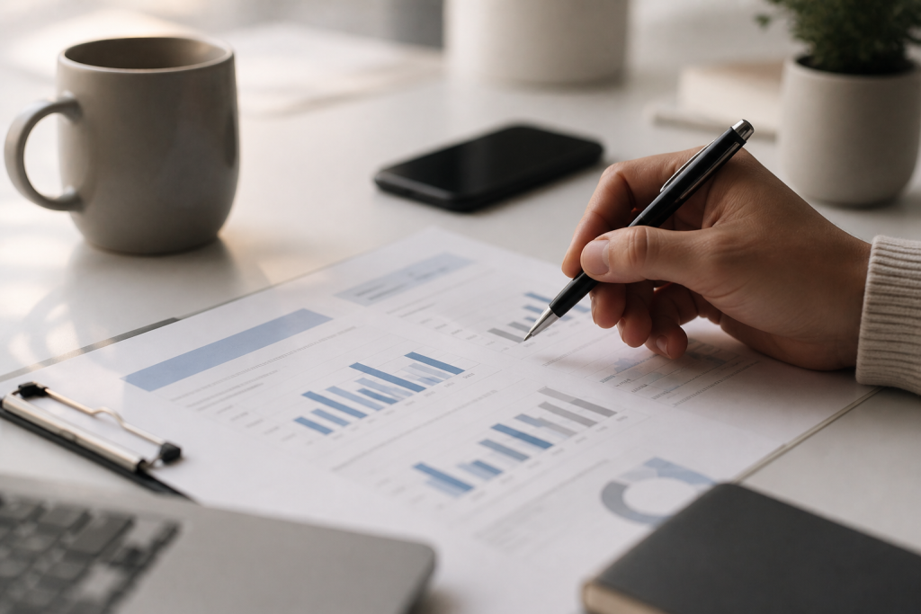 Marketer comparing Google Ads vs Meta Ads performance data on a printed chart
