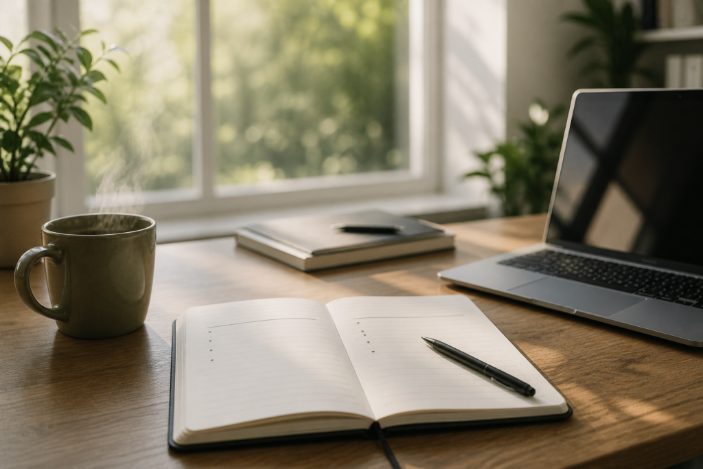 A workspace planning scene illustrating the pros and cons of email marketing benefits