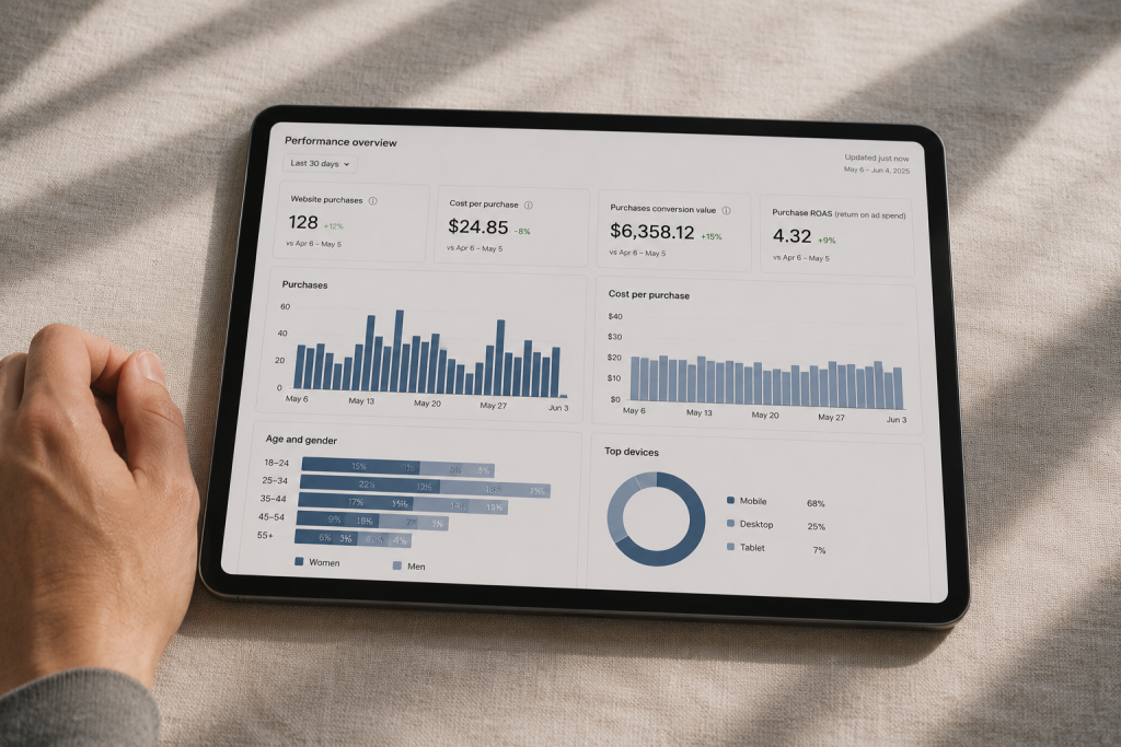 Tablet displaying ad performance analytics including cost per click and engagement rate comparison for Facebook Ads vs Instagram Ads