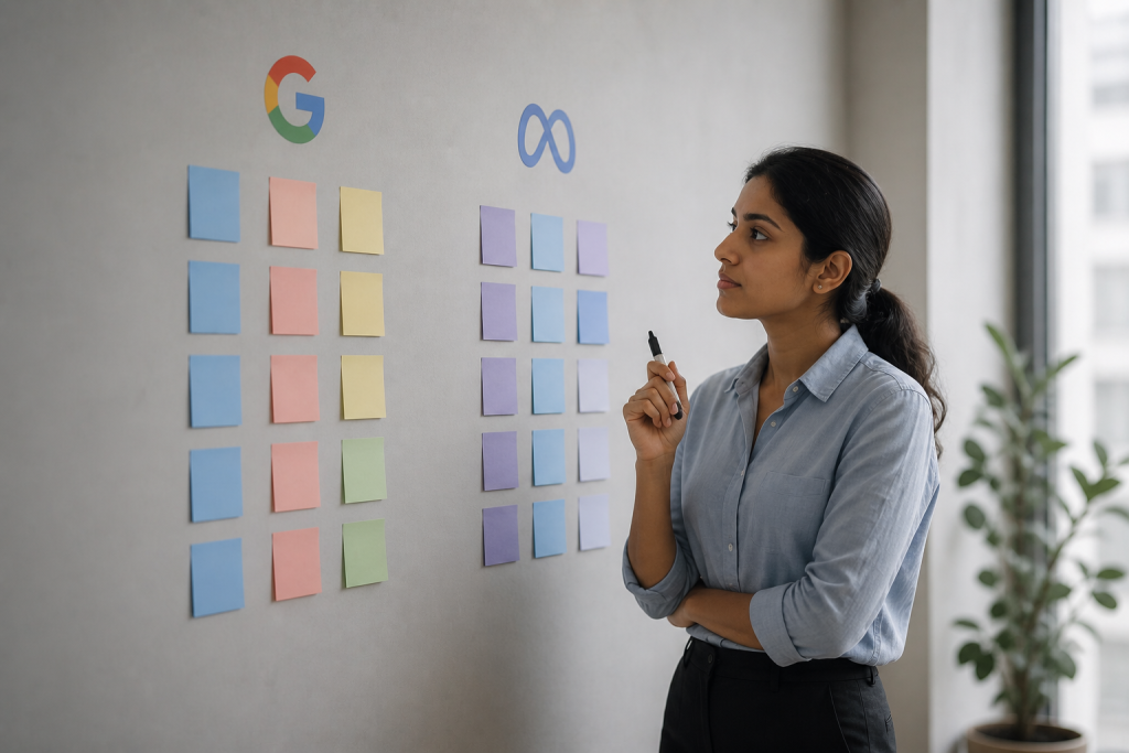 Marketing professional planning a Google Ads vs Meta Ads strategy using sticky notes on a wall