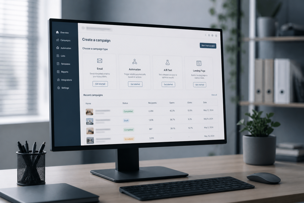 A desktop showing an email marketing tool setup screen highlighting practical email marketing benefits