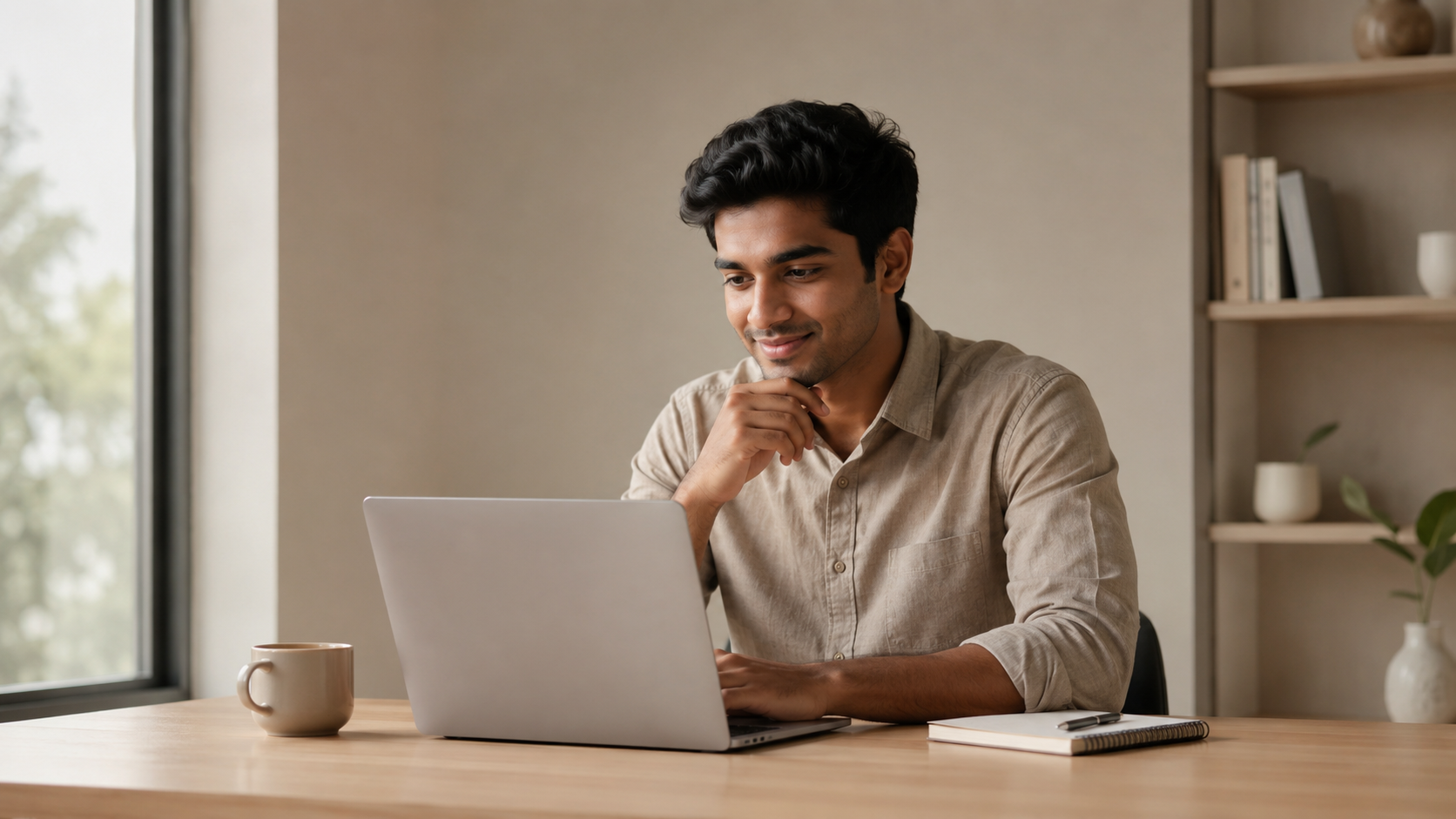 21-year-old Indian professional planning a content marketing strategy on a laptop in a studio setting