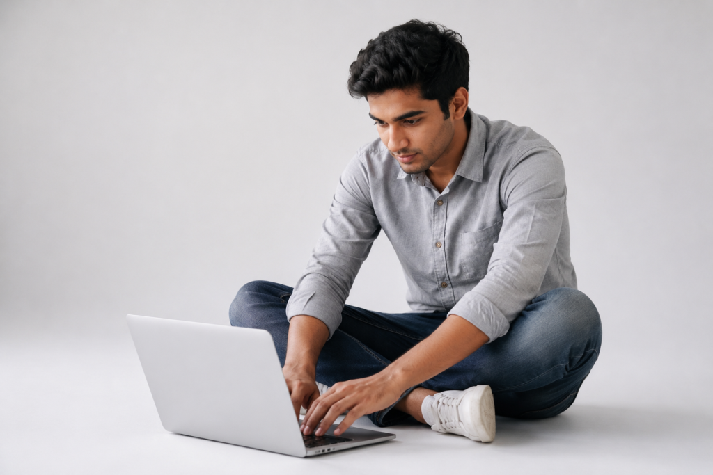 Young Indian professional beginning his content marketing journey on a laptop in a minimal studio Placement: Directly after the Introduction section