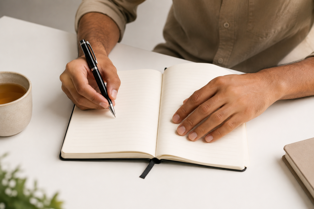 Indian content creator planning a content marketing strategy in a notebook on a clean studio desk