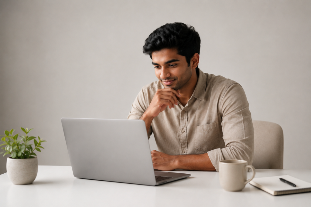 Young Indian digital marketer reviewing content marketing analytics results on a laptop in a studio