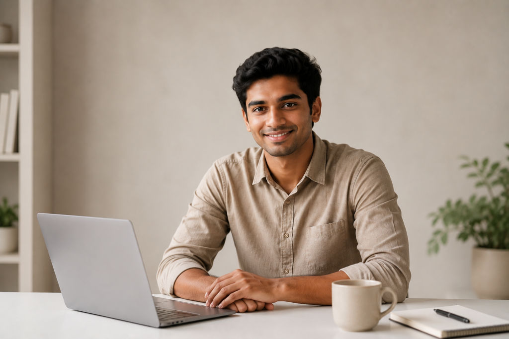 Indian content marketer confidently ready to publish his content marketing plan in a professional studio setting