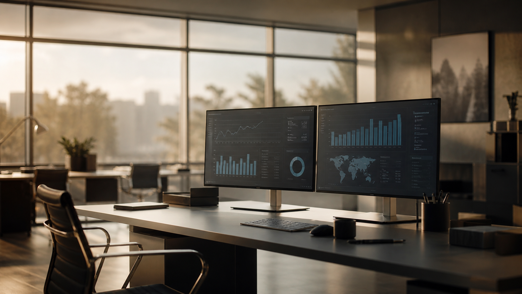 A split-screen digital marketing workspace showing search ads vs display ads campaign dashboards