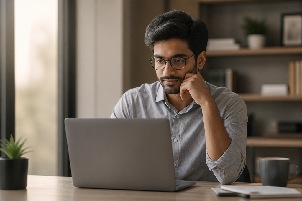 A digital marketer deciding between search ads vs display ads on a laptop screen