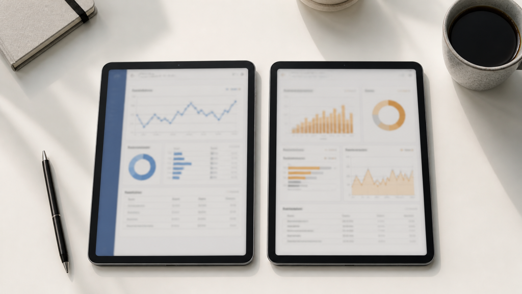 Two dashboards comparing search ads vs display ads performance metrics side by side
