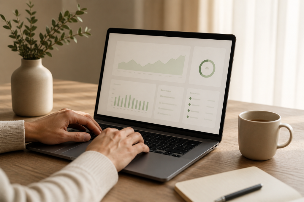 A beginner discovering types of affiliate marketing on a laptop with a clean dashboard view