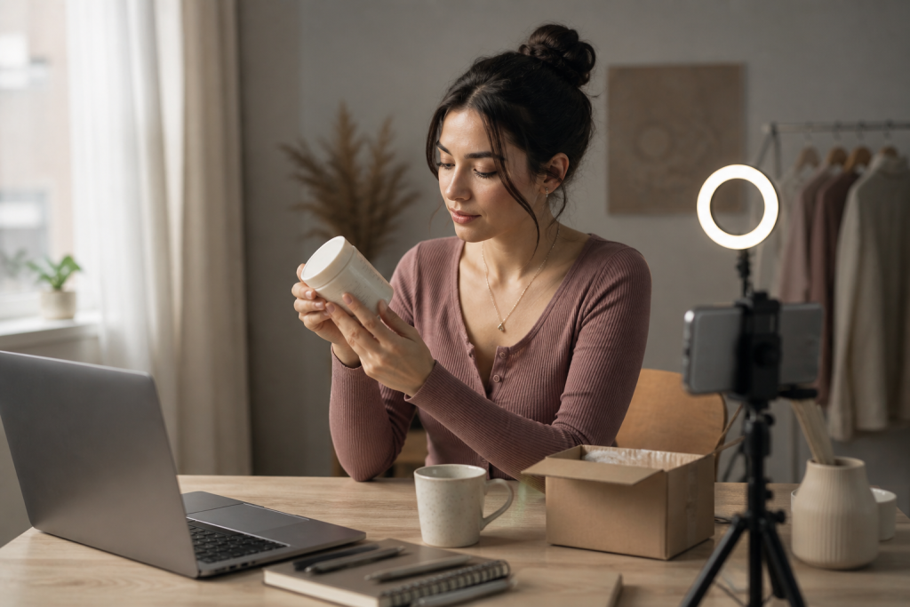 A content creator practising involved types of affiliate marketing by reviewing a product