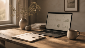 A professional workspace for on-page SEO planning with laptop and analytics notebook