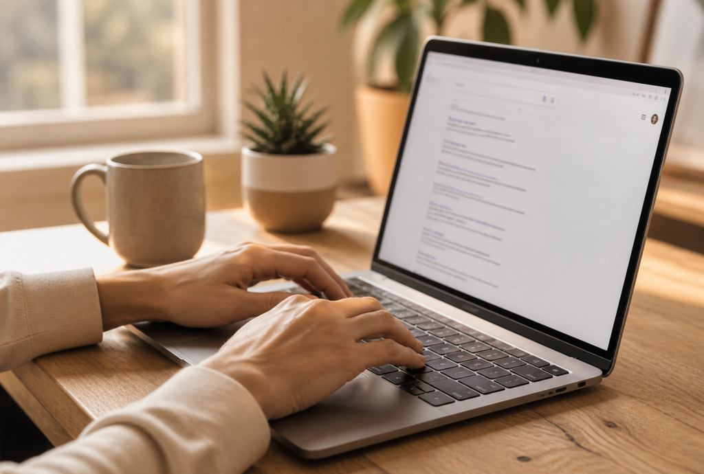 A blogger researching on-page SEO techniques on a laptop