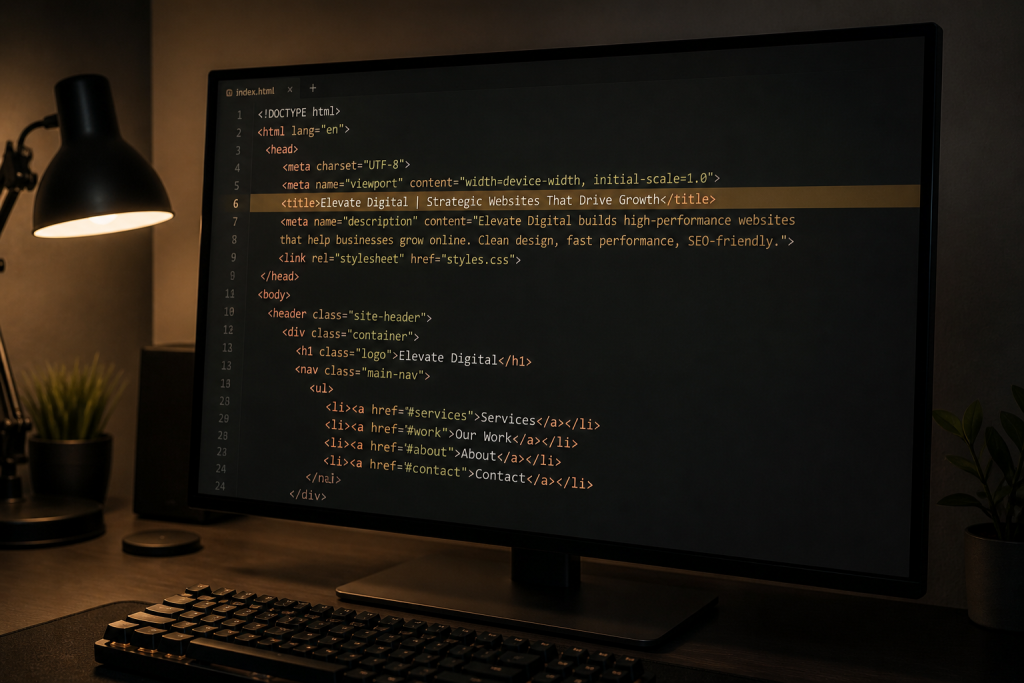 A developer writing a title tag SEO element for on-page SEO optimization