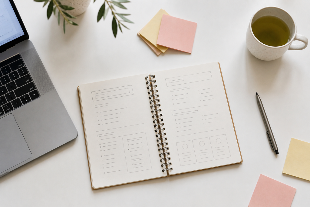 A content creator planning an on-page SEO strategy in a notebook