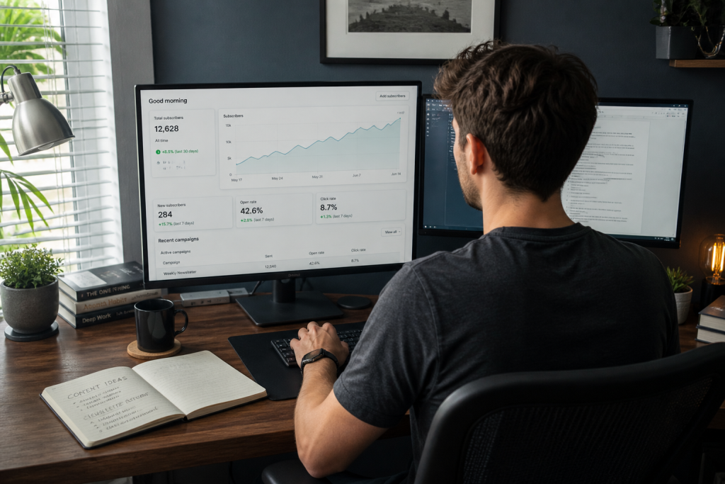 A digital marketer tracking email subscribers and analytics to improve email list building performance