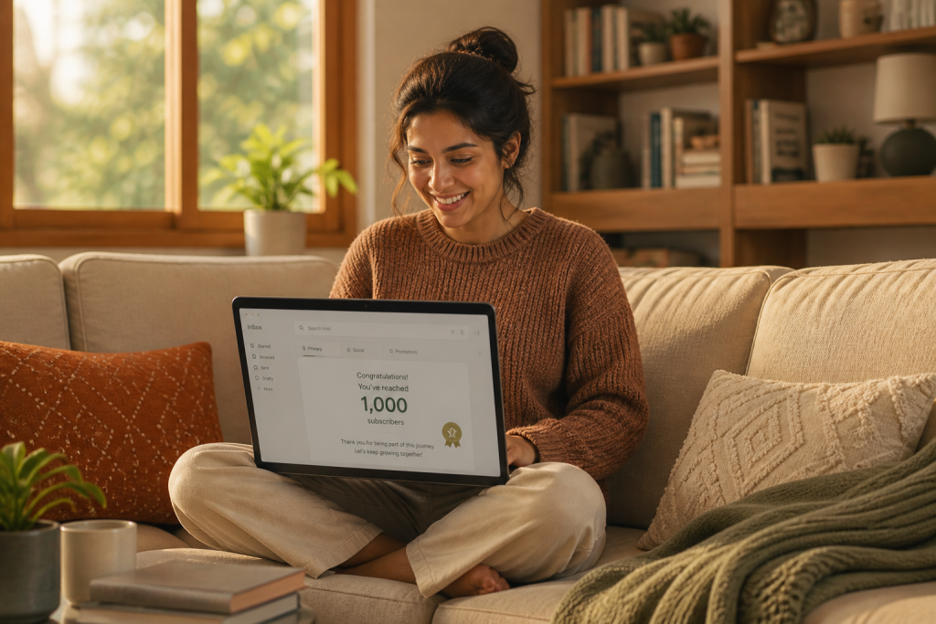 A blogger celebrating 1,000 email subscribers as a milestone in her email list building journey