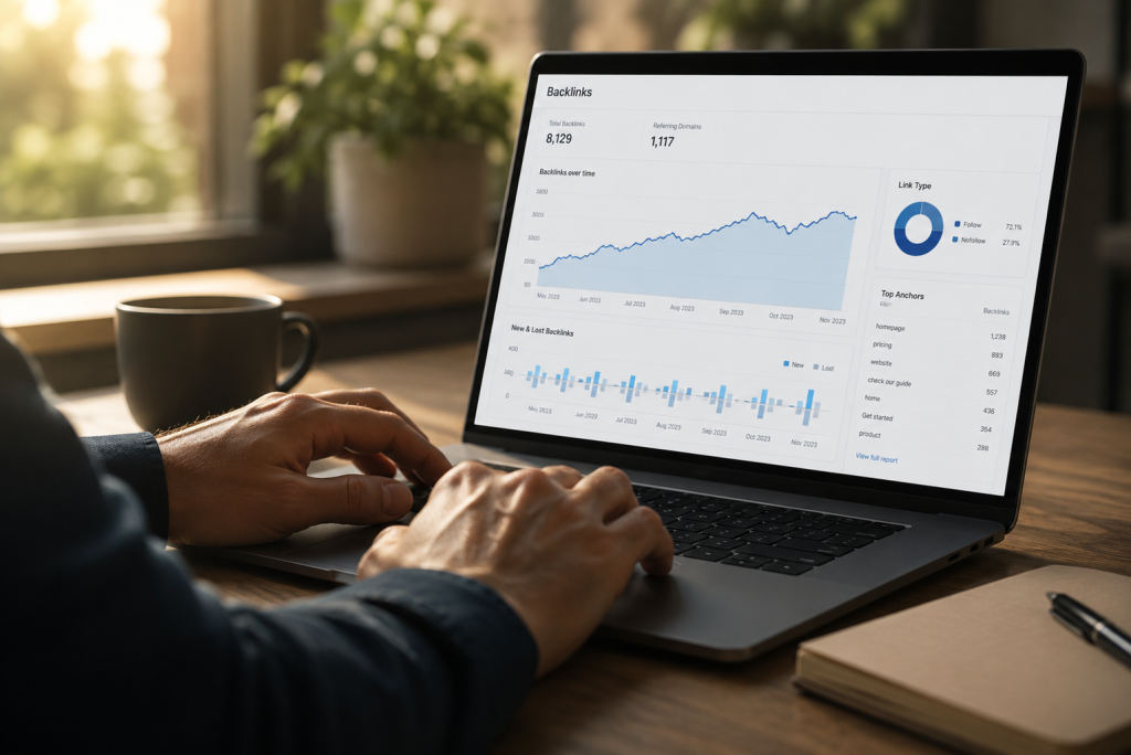 An SEO professional reviewing off-page SEO backlink data on a laptop screen
