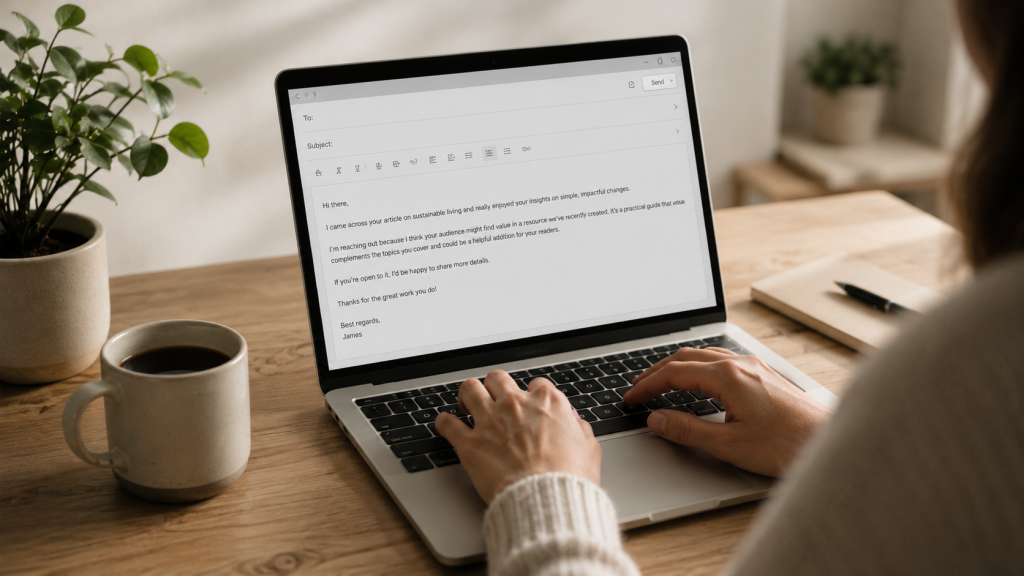 A blogger writing an off-page SEO outreach email to earn backlinks from other websites