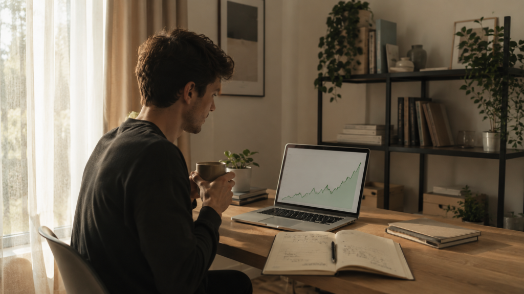A content creator planning an off-page SEO growth strategy in a calm home office setup