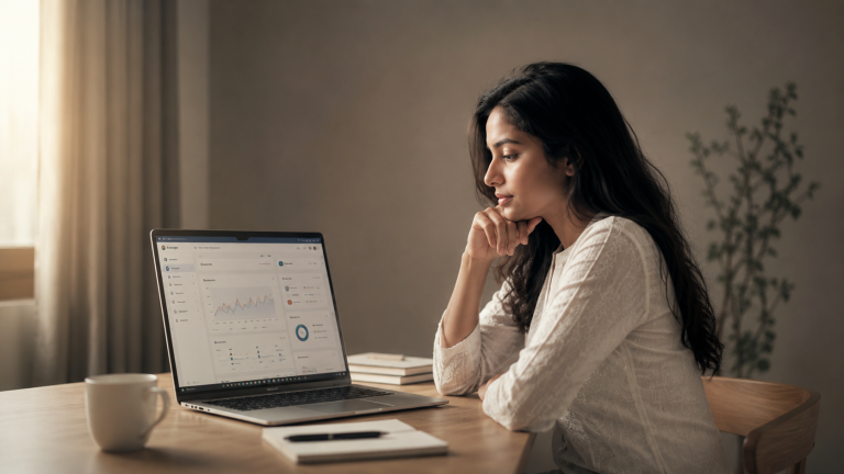 A 21-year-old Indian woman evaluating email marketing tools on a laptop in a neutral studio setting