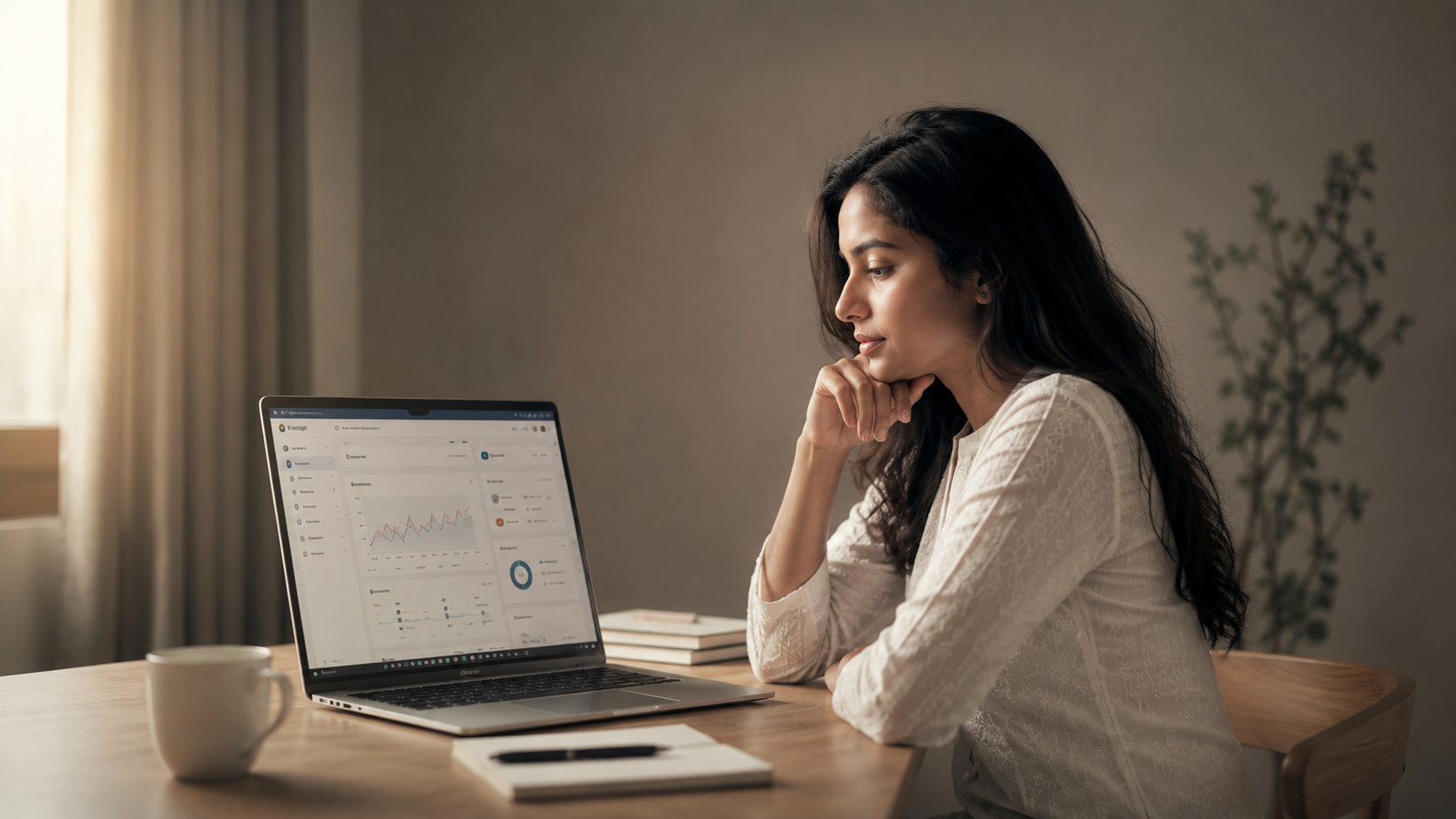 A 21-year-old Indian woman evaluating email marketing tools on a laptop in a neutral studio setting