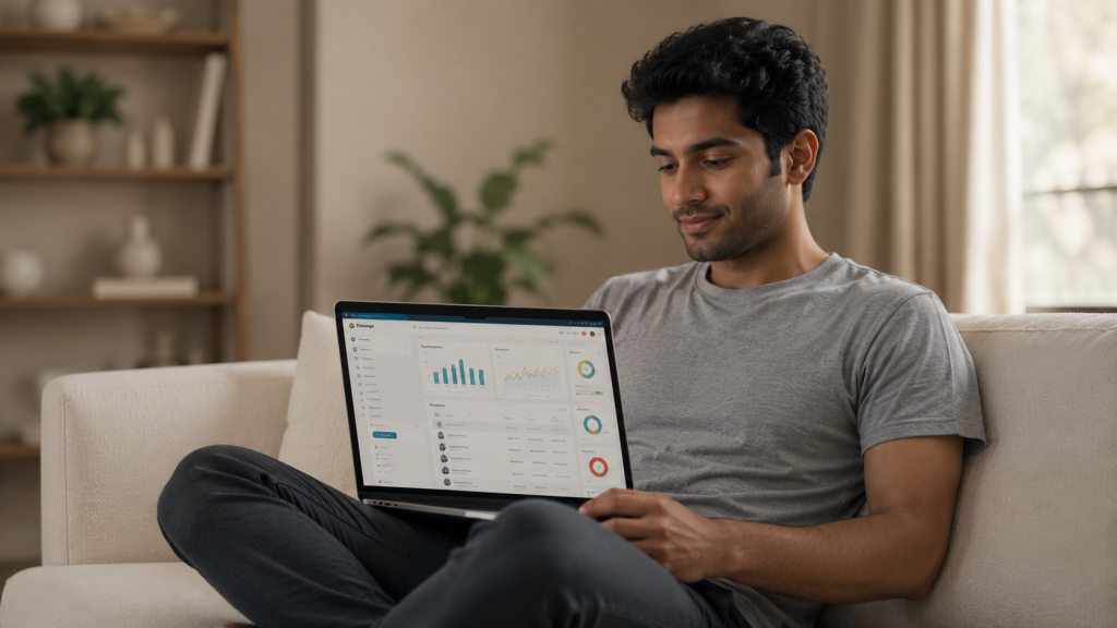 A young Indian man exploring email marketing tools on a laptop in a soft studio setting