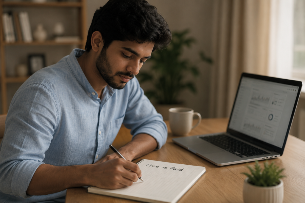 A young Indian man comparing free vs paid email marketing tools in a notebook with a laptop open beside him