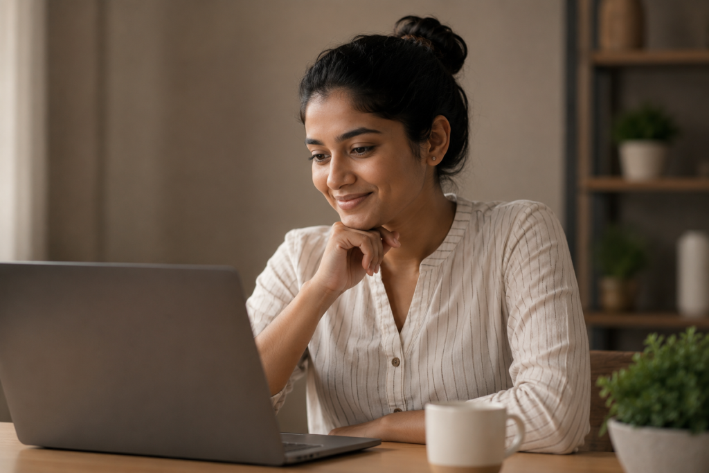 A young Indian woman confidently setting up her email marketing tools campaign on a laptop