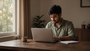 Young Indian blogger starting a blog in India on a laptop at a wooden desk