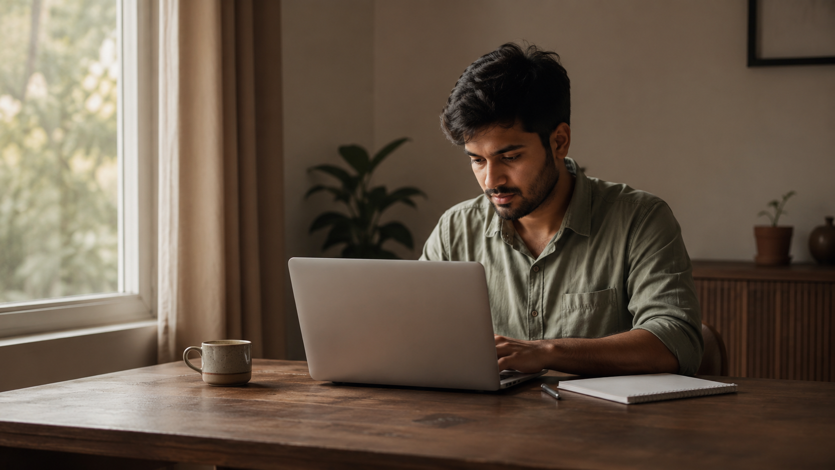 Young Indian blogger starting a blog in India on a laptop at a wooden desk
