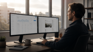 A professional digital marketer comparing Google Ads vs Meta Ads on dual monitors in a calm office setting