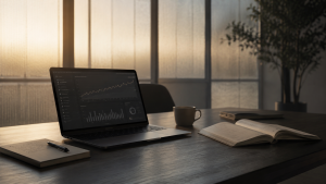 A professional workspace representing an off-page SEO strategy setup with laptop and analytics