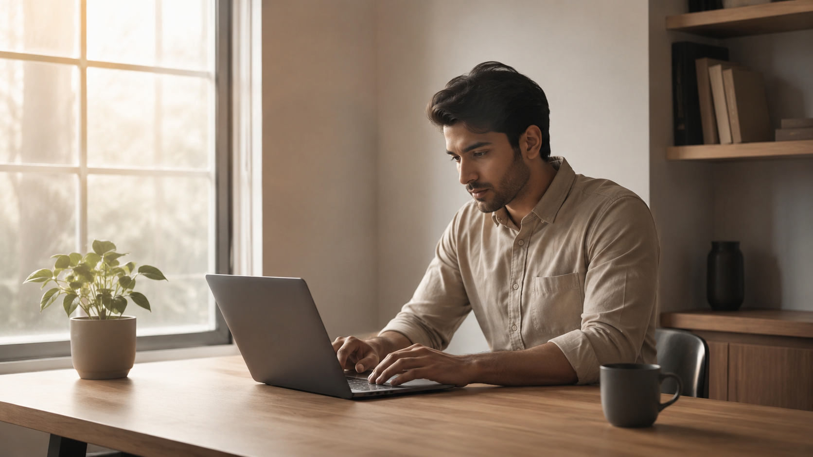 A beginner learning affiliate marketing for beginners on a laptop at a calm wooden desk