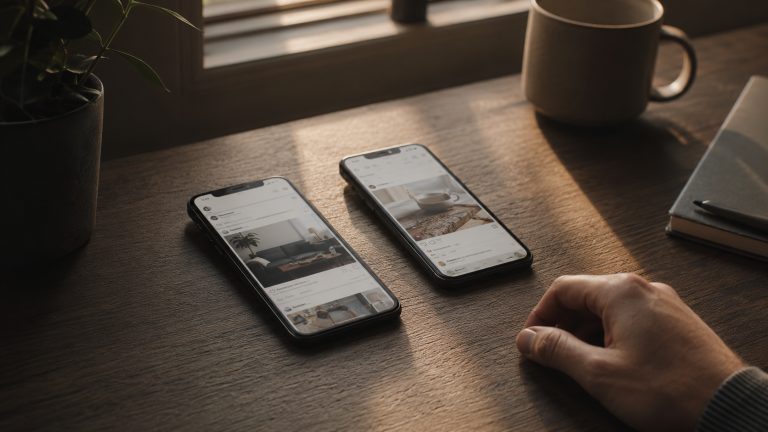 Two smartphones displaying Facebook Ads vs Instagram Ads feeds on a wooden desk in soft natural light